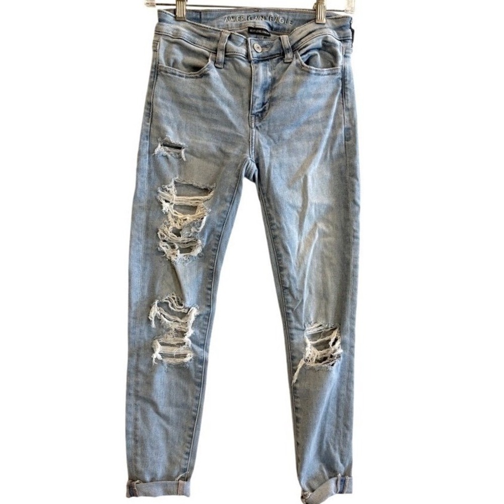 American Eagle Next Level Stretch Jeans Women 00 Short Blue Distressed‎ Skinny